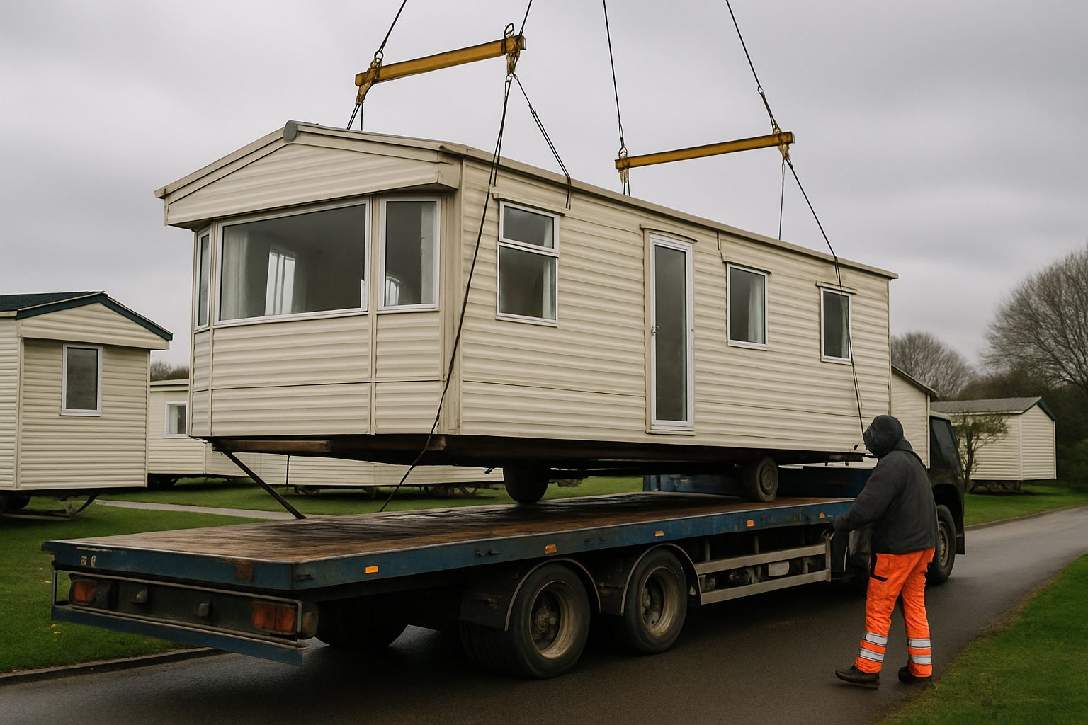 Static caravan being winched onto a low-loader trailer at a holiday park