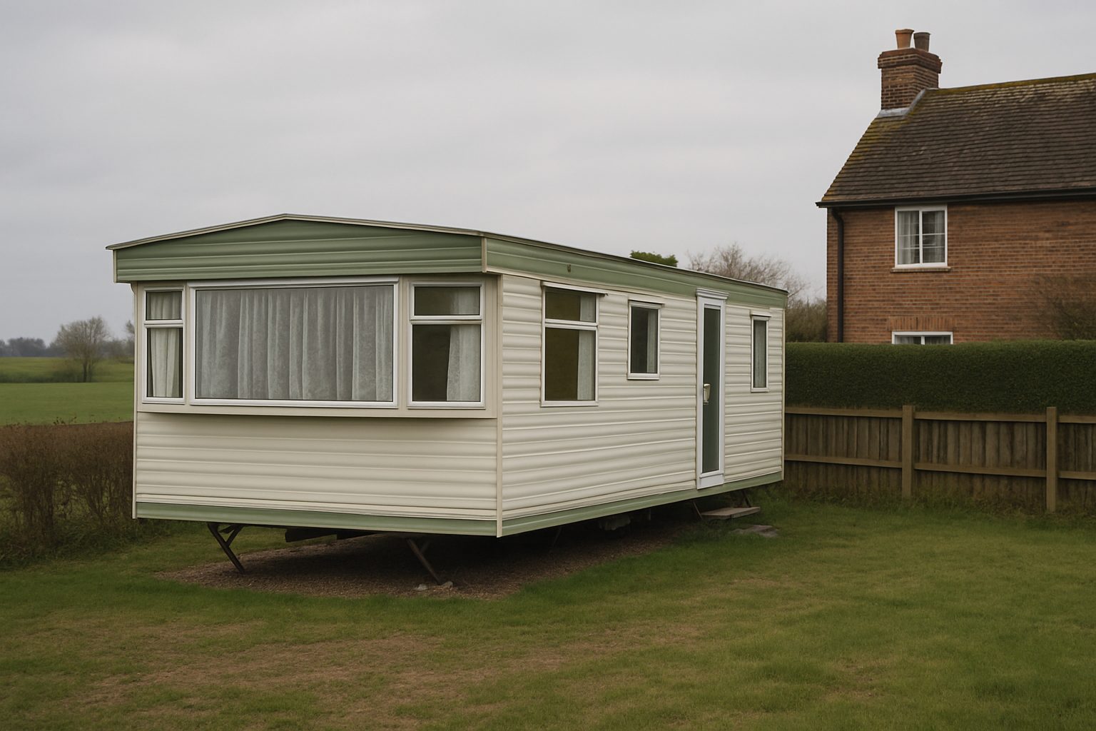 Static caravan sited on a private plot beside a house