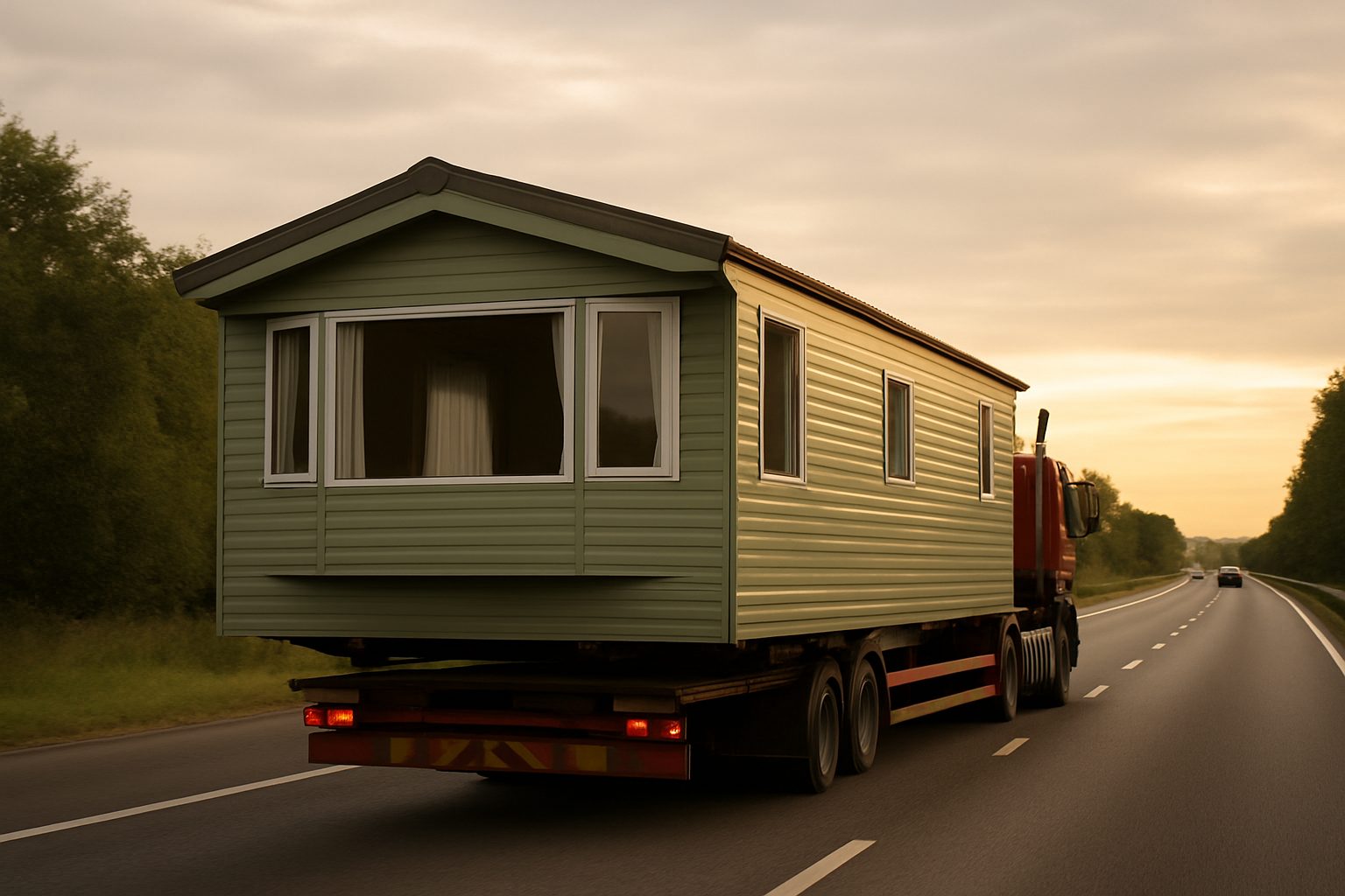 Static caravan on a transport lorry on a UK dual carriageway