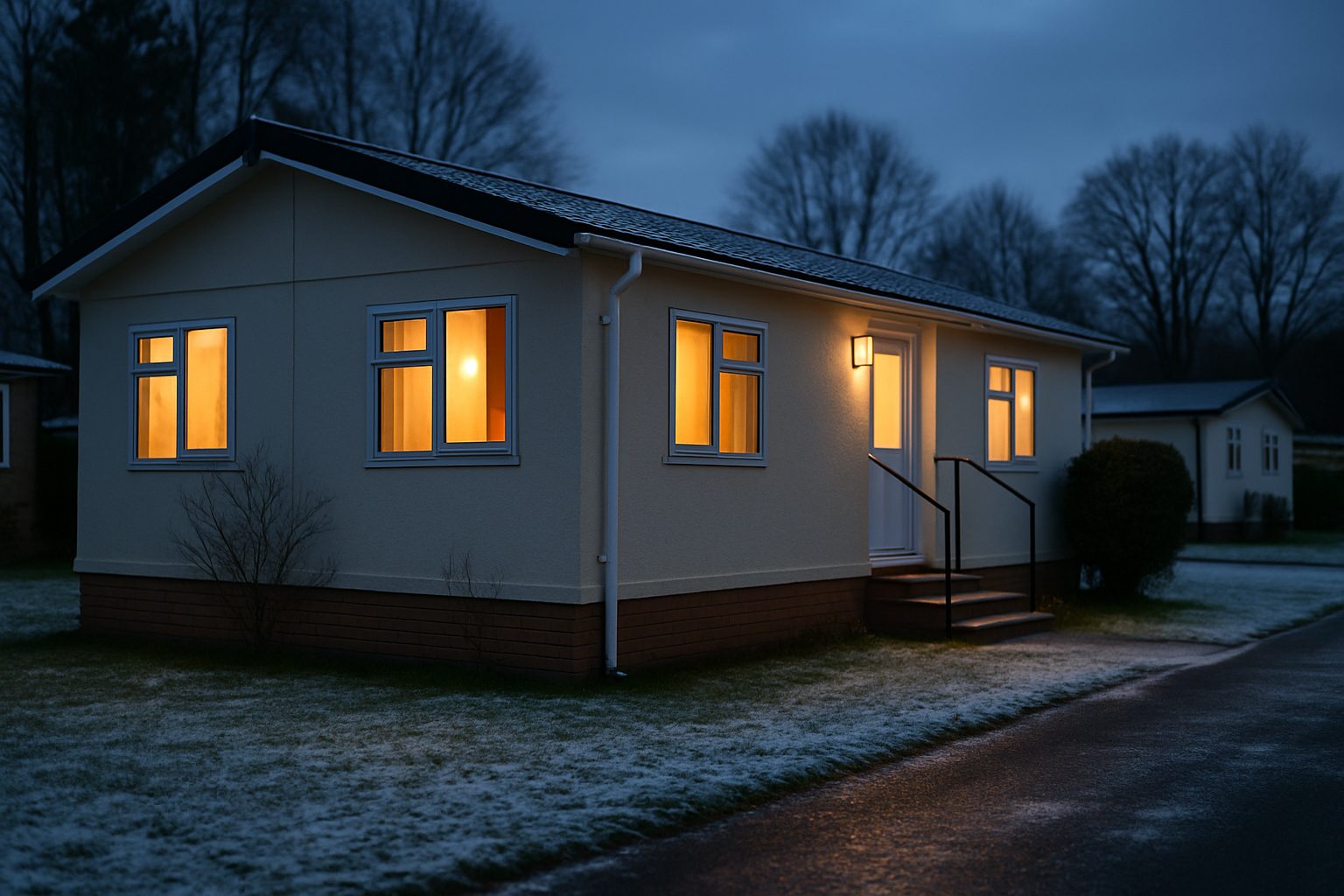 Residential park home lived in year-round on a frosty winter evening