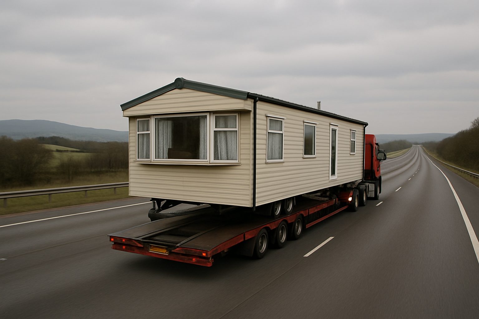 Static caravan transporter on a long open motorway