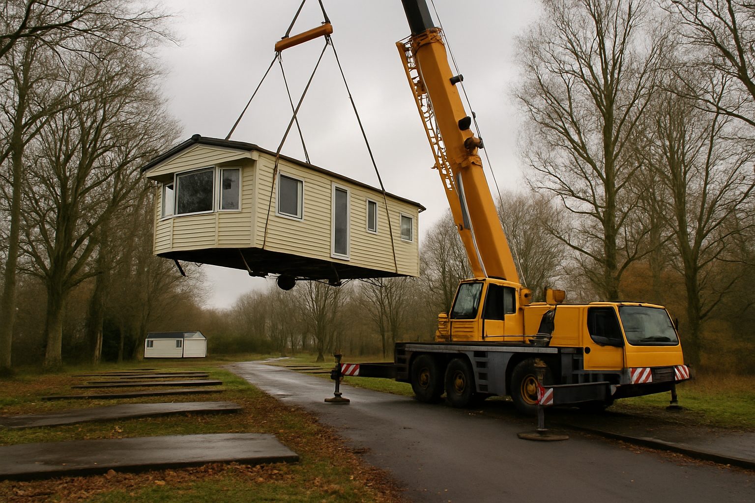 Static caravan being removed from a closed holiday park